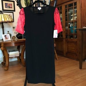 LuLaRoe Julia W/ Stretch Watermelon Pink Lace Sleeves Size M